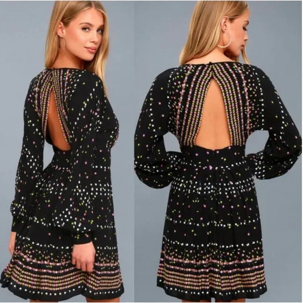 Free People Coryn Dress Size 2 XS Black Cherry Print Open Back Fit Flare V-Neck - Picture 1 of 12